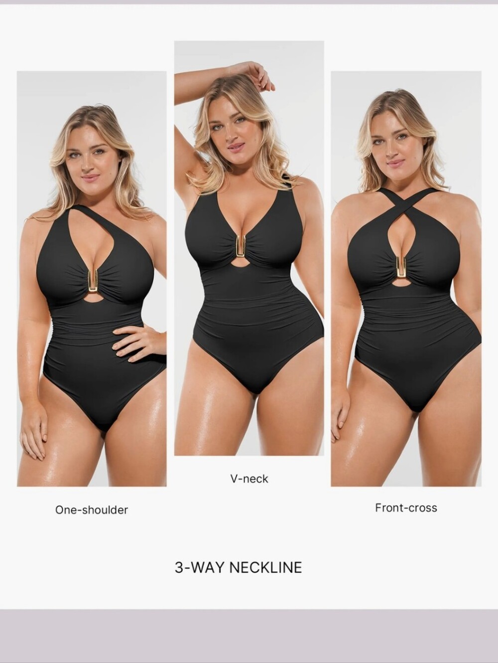 3-Way Neckline Black One-Piece Swimsuit with Gold Accent